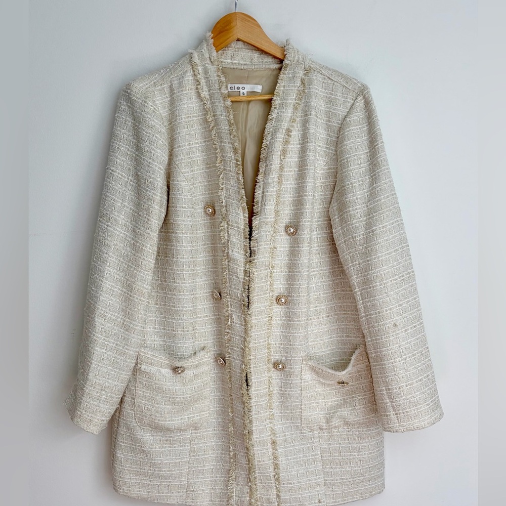 Tweed Pearl Button Jacket - Open Front - Size XL